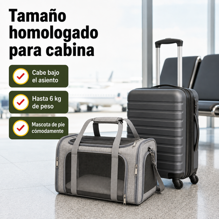 Transportín para mascotas de 45×28×28 cm junto a maleta de cabina mostrando tamaño comparativo