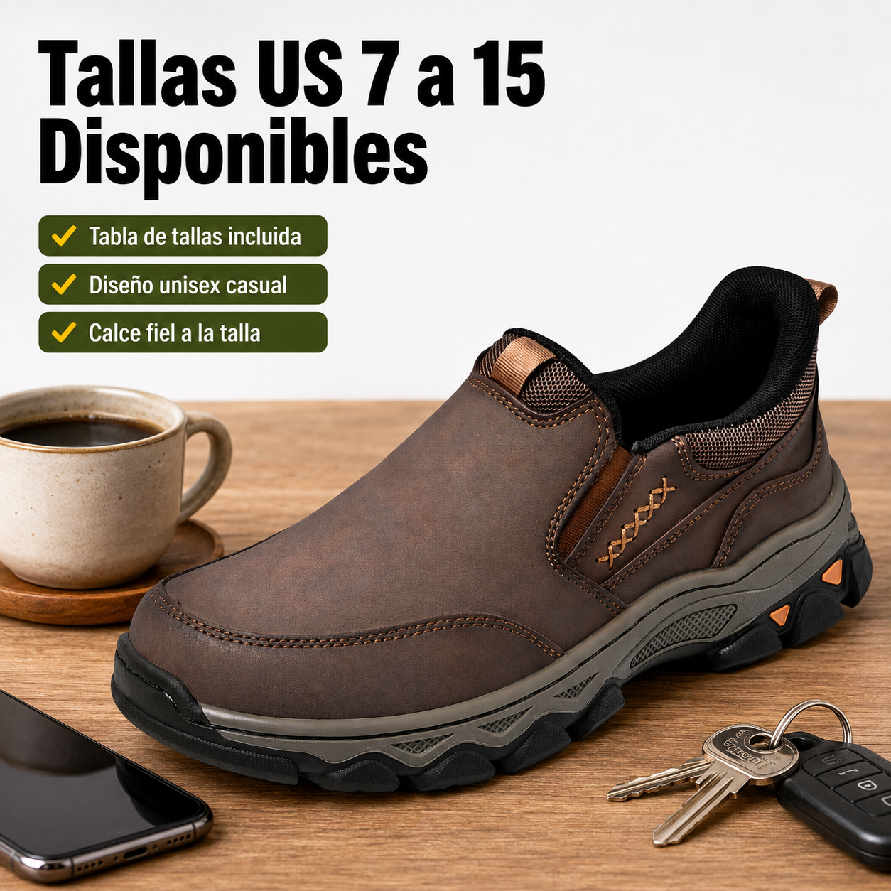 Zapato ortopédico para hombre junto a objetos cotidianos mostrando su tamaño real