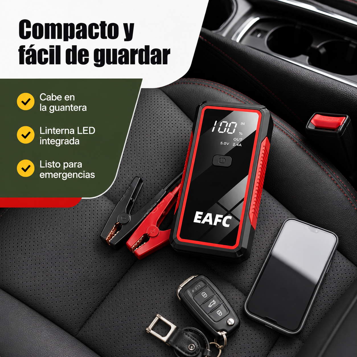 Arrancador de batería 12V mostrado junto a objetos cotidianos para apreciar su tamaño compacto