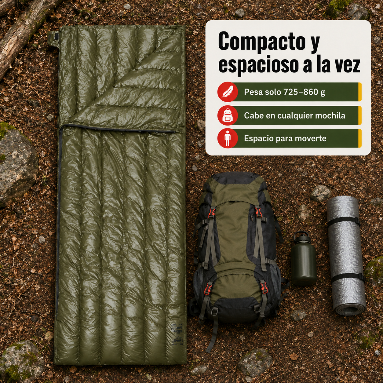 Saco de dormir de plumón junto a mochila y cantimplora mostrando su tamaño compacto de 200×74 cm