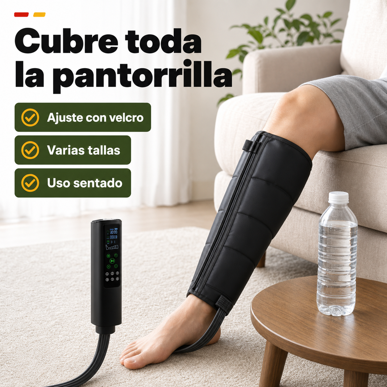Masajeador de piernas con compresión de aire colocado en una pantorrilla junto a una botella de agua para mostrar la escala real del producto