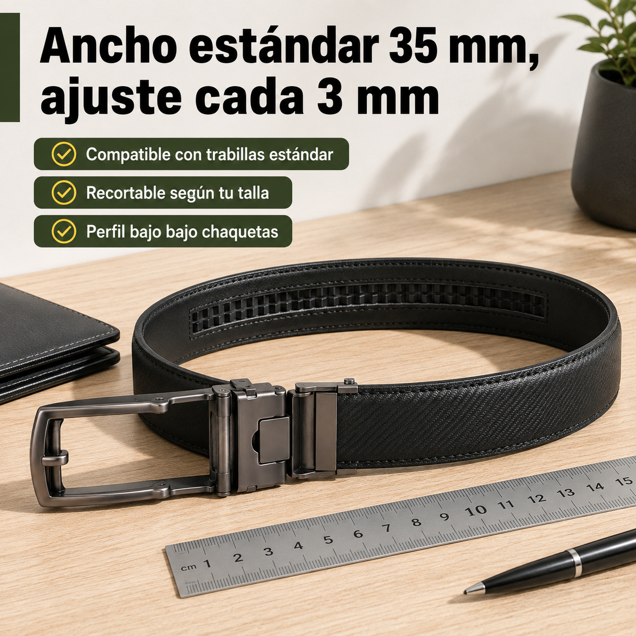 Cinturón automático sin agujeros colocado junto a regla mostrando ancho de 35 mm y sistema de ajuste micrométrico
