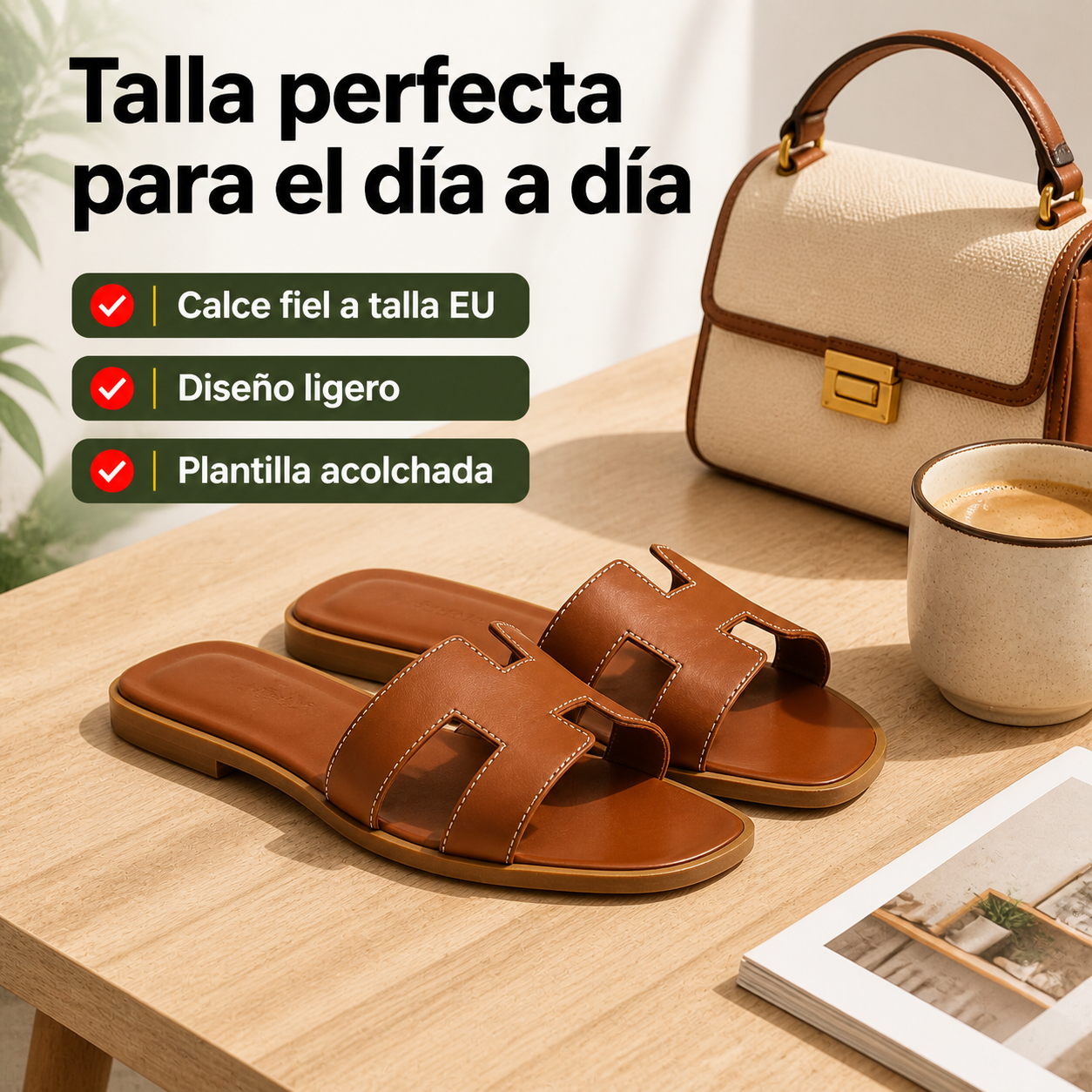 Sandalias de piel para mujer junto a objetos cotidianos mostrando su tamaño real y proporciones en contexto de uso diario