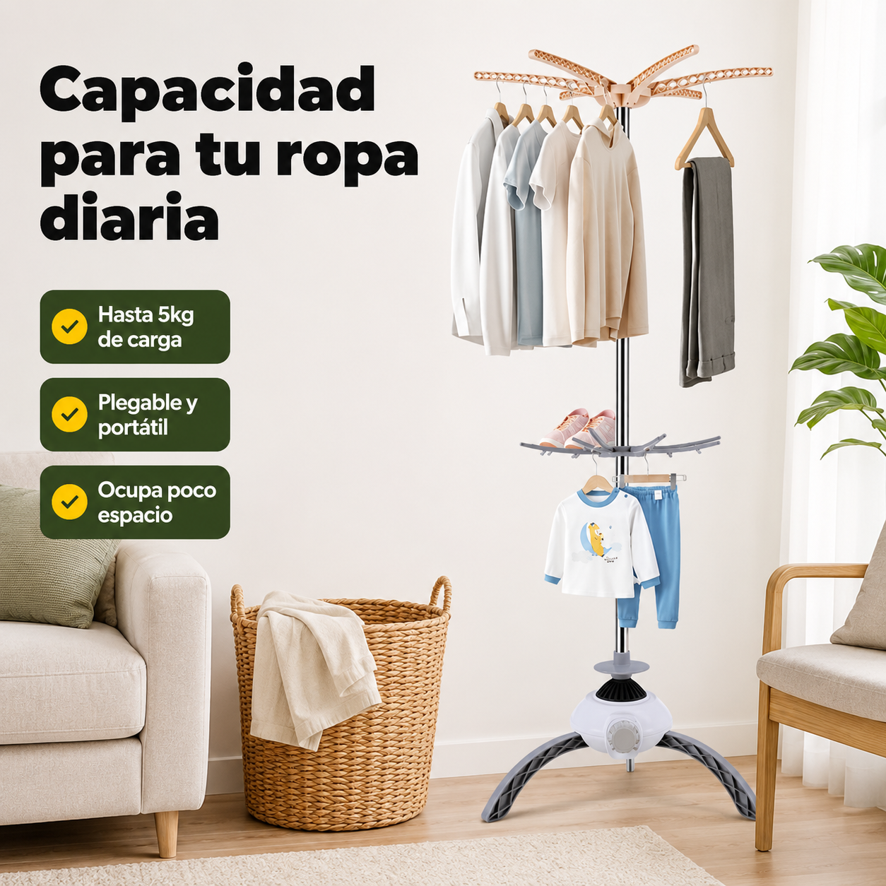 Tendedero eléctrico en contexto de uso mostrando su tamaño y capacidad para prendas