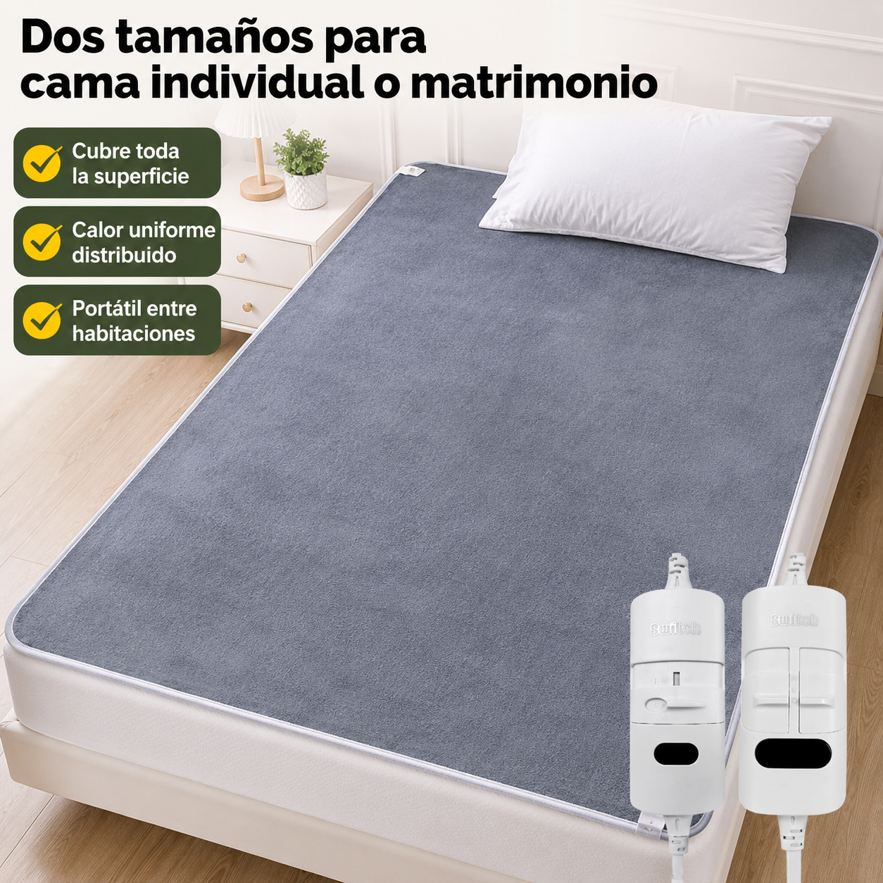 Manta eléctrica de 120×150 cm desplegada mostrando dimensiones reales sobre colchón