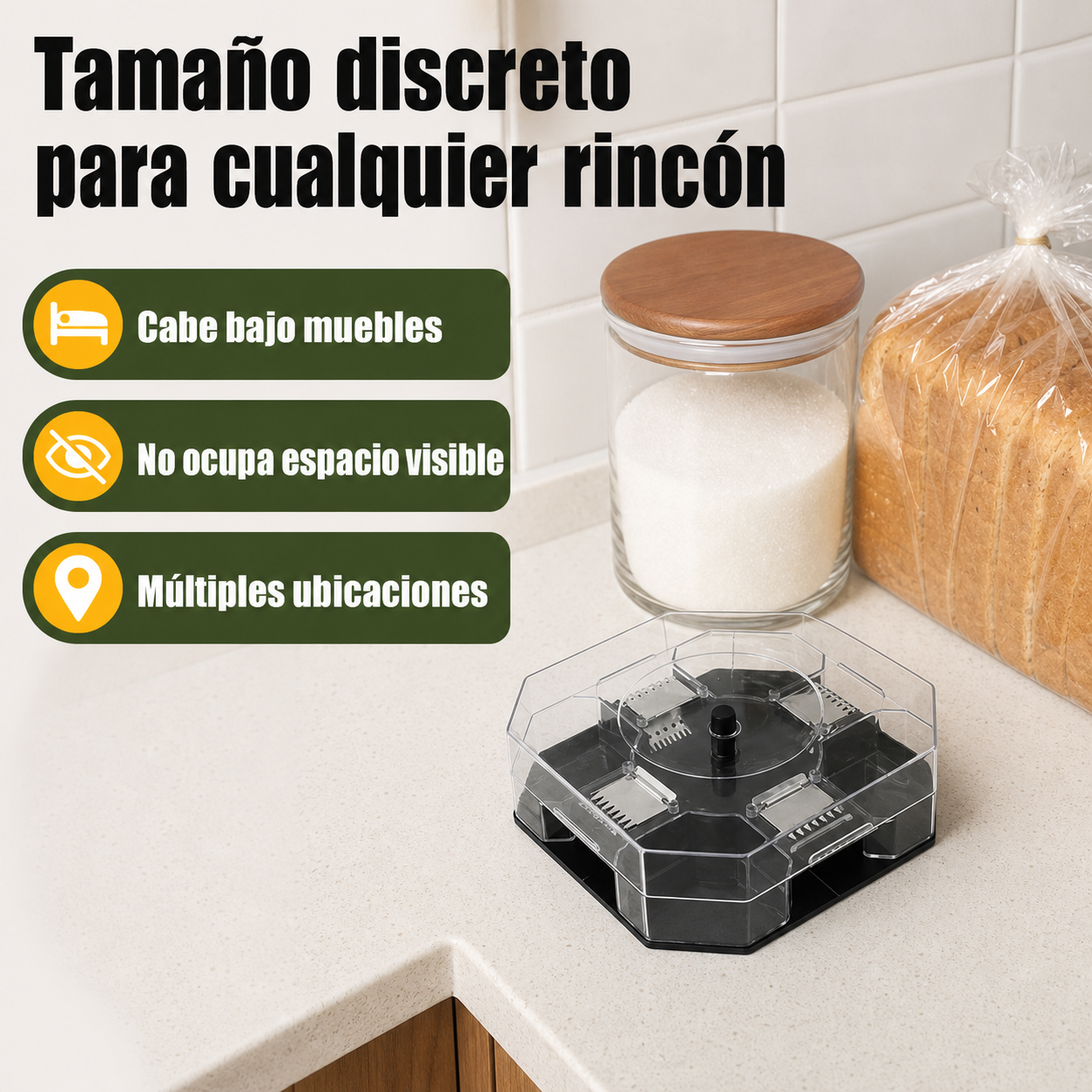 Trampa para cucarachas colocada junto a objetos cotidianos de cocina para mostrar su tamaño real y discreción