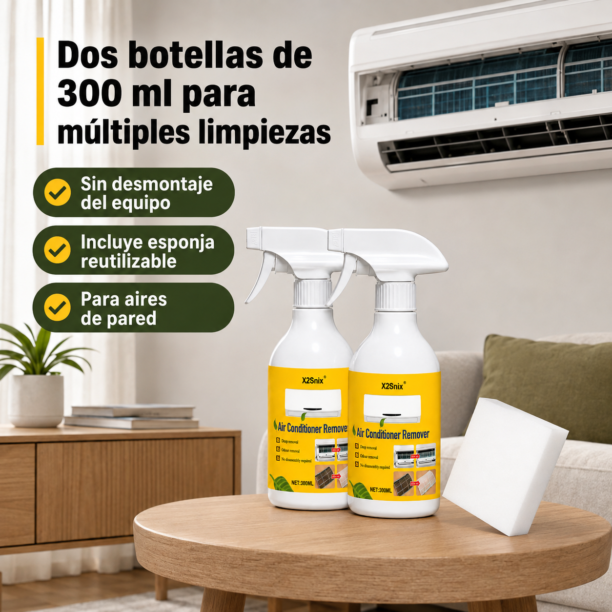 Botellas de limpiador de aire acondicionado de 300 ml junto a esponja en contexto de uso doméstico