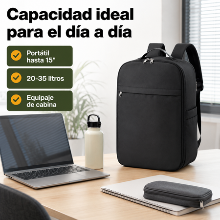 Mochila para portátil mostrada junto a objetos cotidianos para apreciar su tamaño y capacidad real