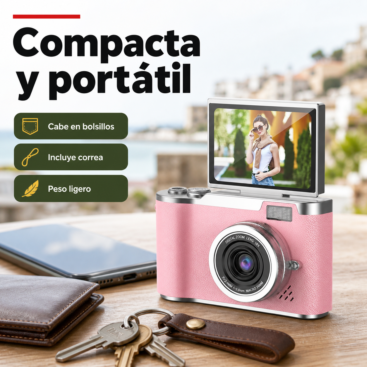 Cámara digital 4K de 11,7 cm junto a objetos cotidianos mostrando su tamaño portátil