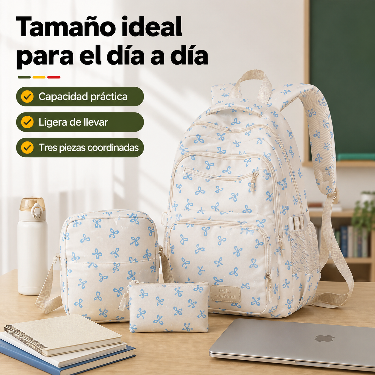 Mochila escolar de nailon junto a objetos cotidianos mostrando su tamaño y capacidad práctica para uso diario