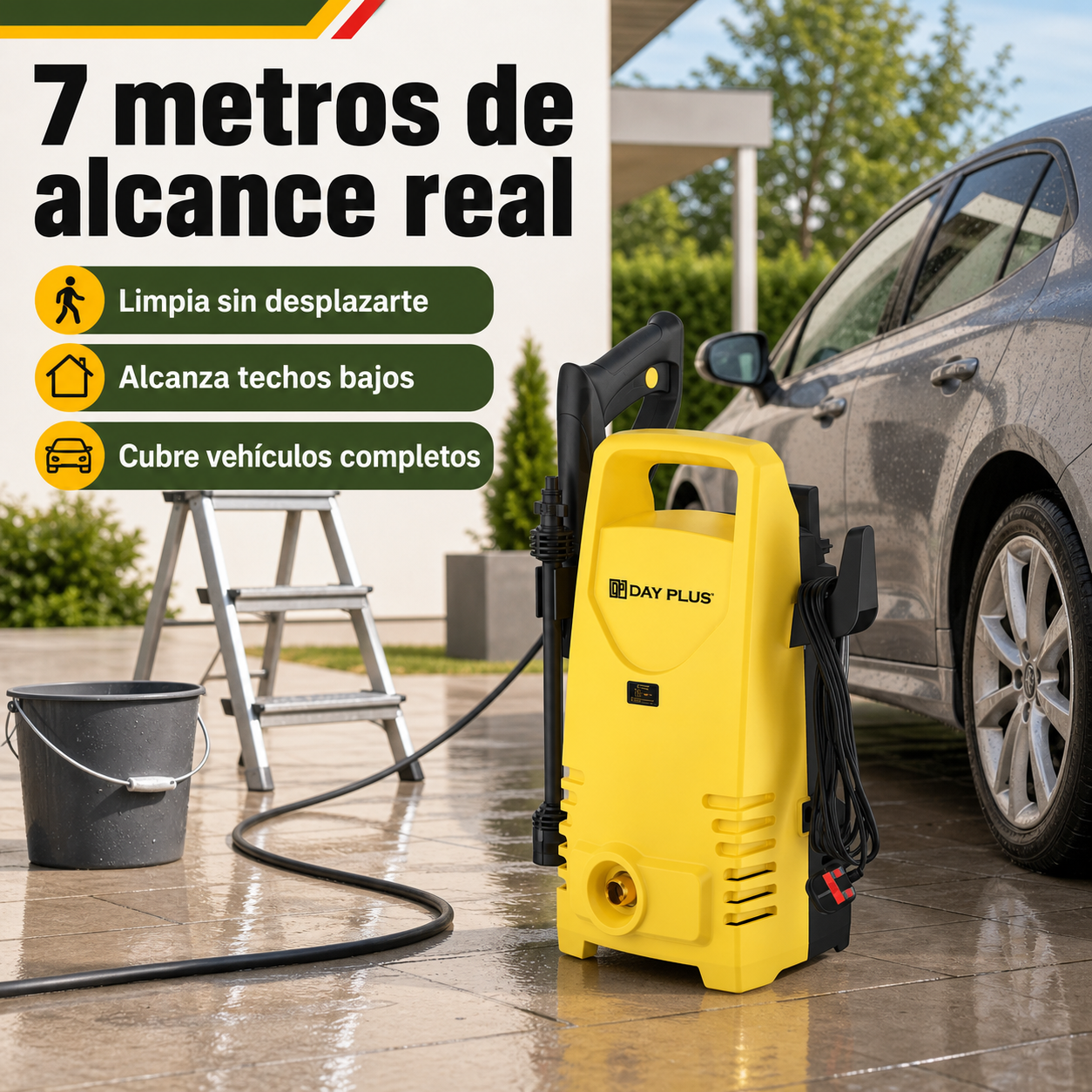 Hidrolimpiadora eléctrica junto a cubo y escalera mostrando el alcance de 7 metros de manguera en contexto de limpieza