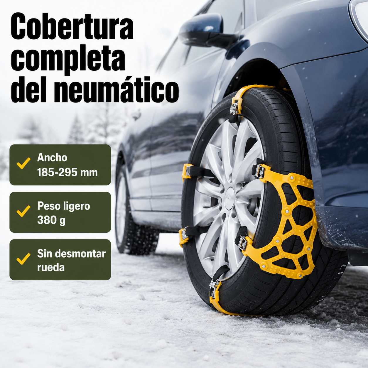 Cadena de nieve montada en neumático de coche en contexto invernal, mostrando la cobertura de la banda de rodadura