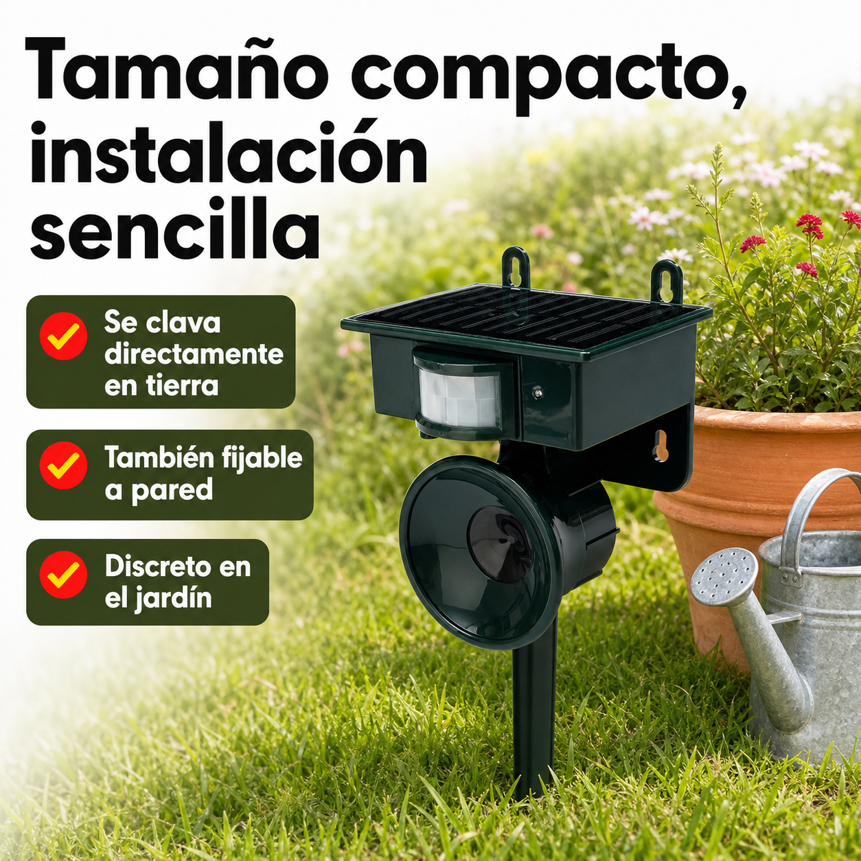 Ahuyentador solar de animales colocado en el suelo junto a plantas de jardín mostrando su tamaño real