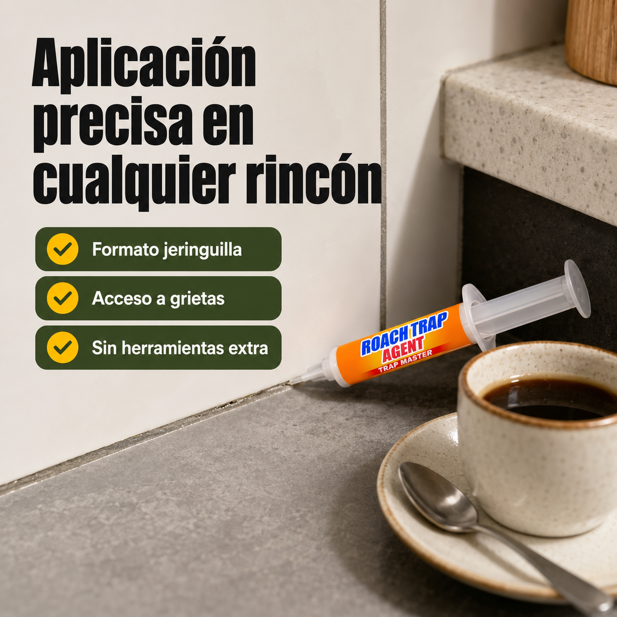Jeringuilla de gel anticucarachas aplicándose en grieta de cocina junto a objetos cotidianos para mostrar escala