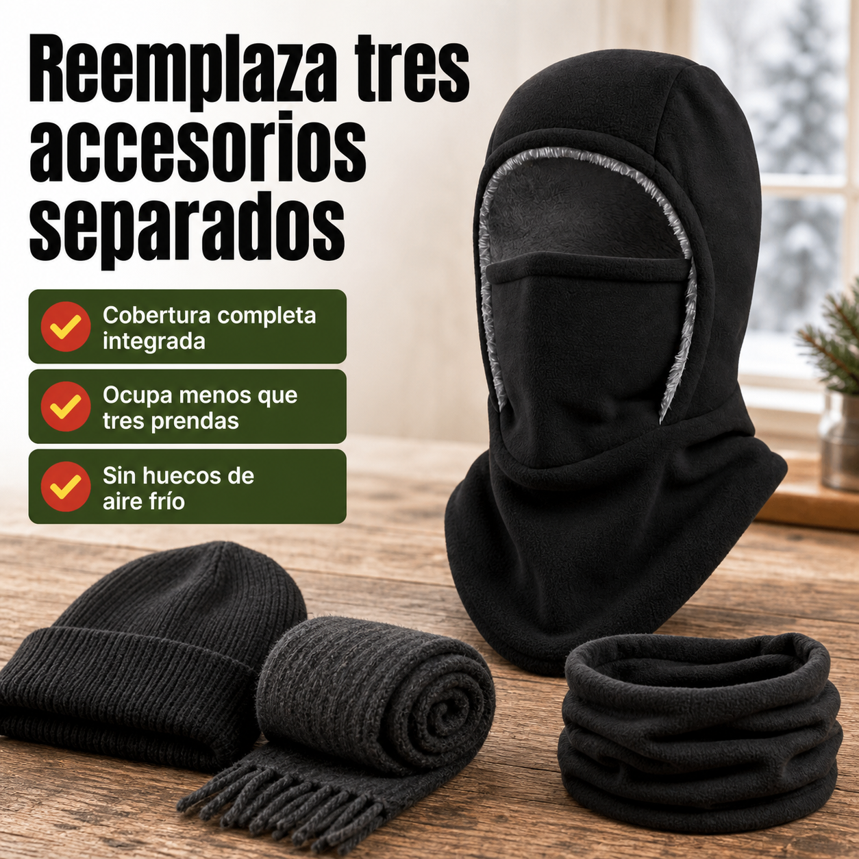 Pasamontañas 3 en 1 junto a gorro y bufanda convencionales para comparar tamaño y cobertura