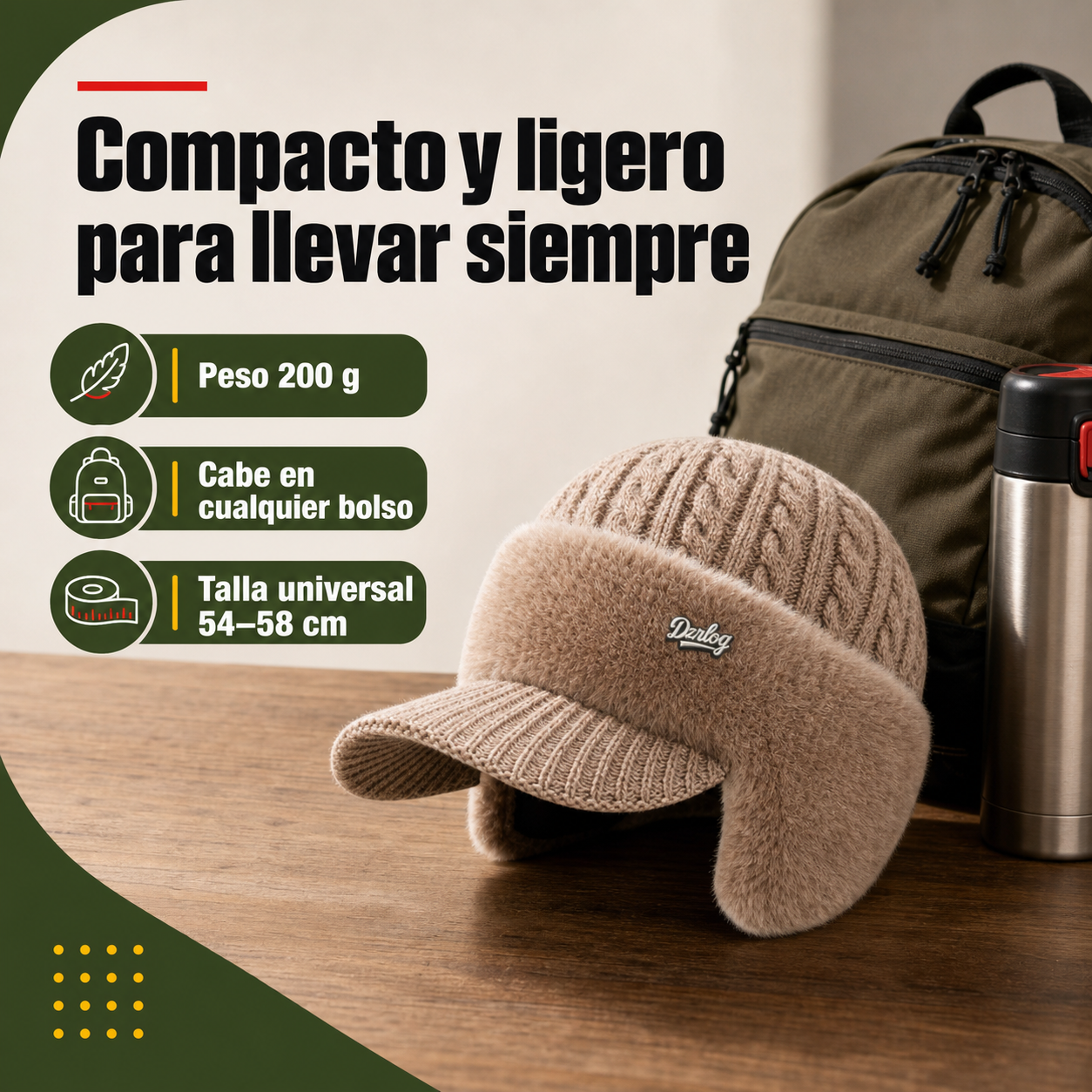 Gorro trapper de invierno junto a objetos cotidianos mostrando su tamaño compacto de 26 × 24 cm
