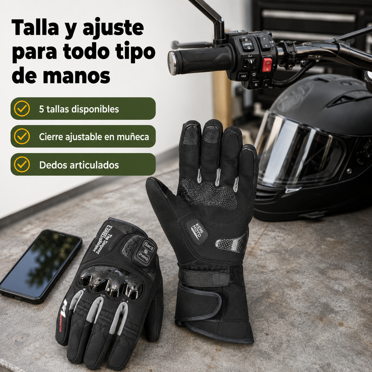 Guantes calefactables para moto mostrados junto a objetos cotidianos para ilustrar su tamaño real