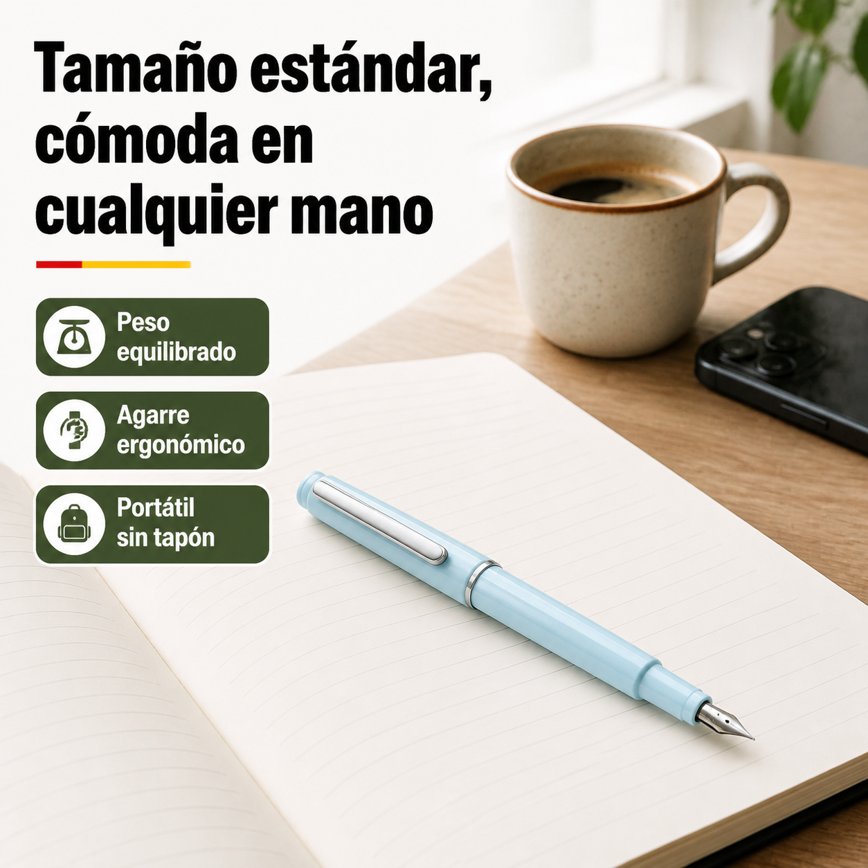 Pluma estilográfica retráctil junto a cuaderno y taza mostrando tamaño real en contexto de escritorio