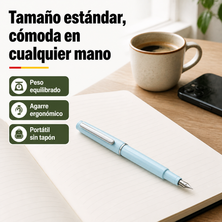Pluma estilográfica retráctil junto a cuaderno y taza mostrando tamaño real en contexto de escritorio