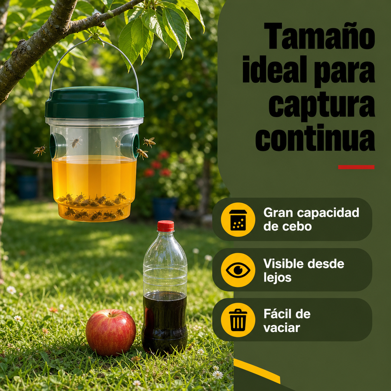 Trampa para avispas colgada en jardín junto a objetos cotidianos mostrando su tamaño real