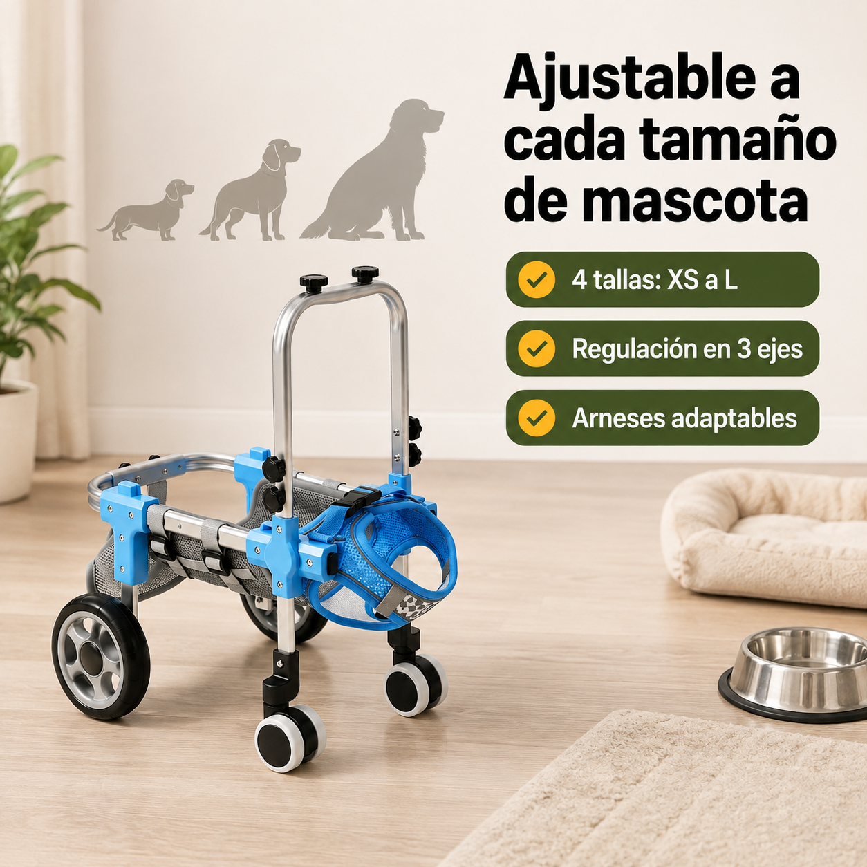 Silla de ruedas veterinaria ajustable mostrada junto a objetos de referencia para ilustrar su tamaño y proporciones reales