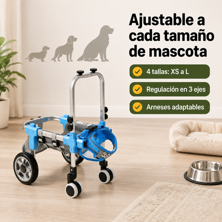 Silla de ruedas veterinaria ajustable mostrada junto a objetos de referencia para ilustrar su tamaño y proporciones reales