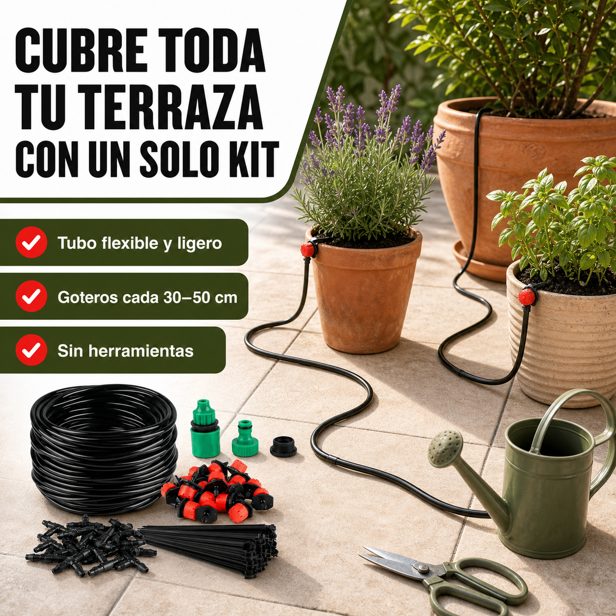 Sistema de microaspersión instalado en macetas de terraza mostrando la escala real del tubo y los goteros