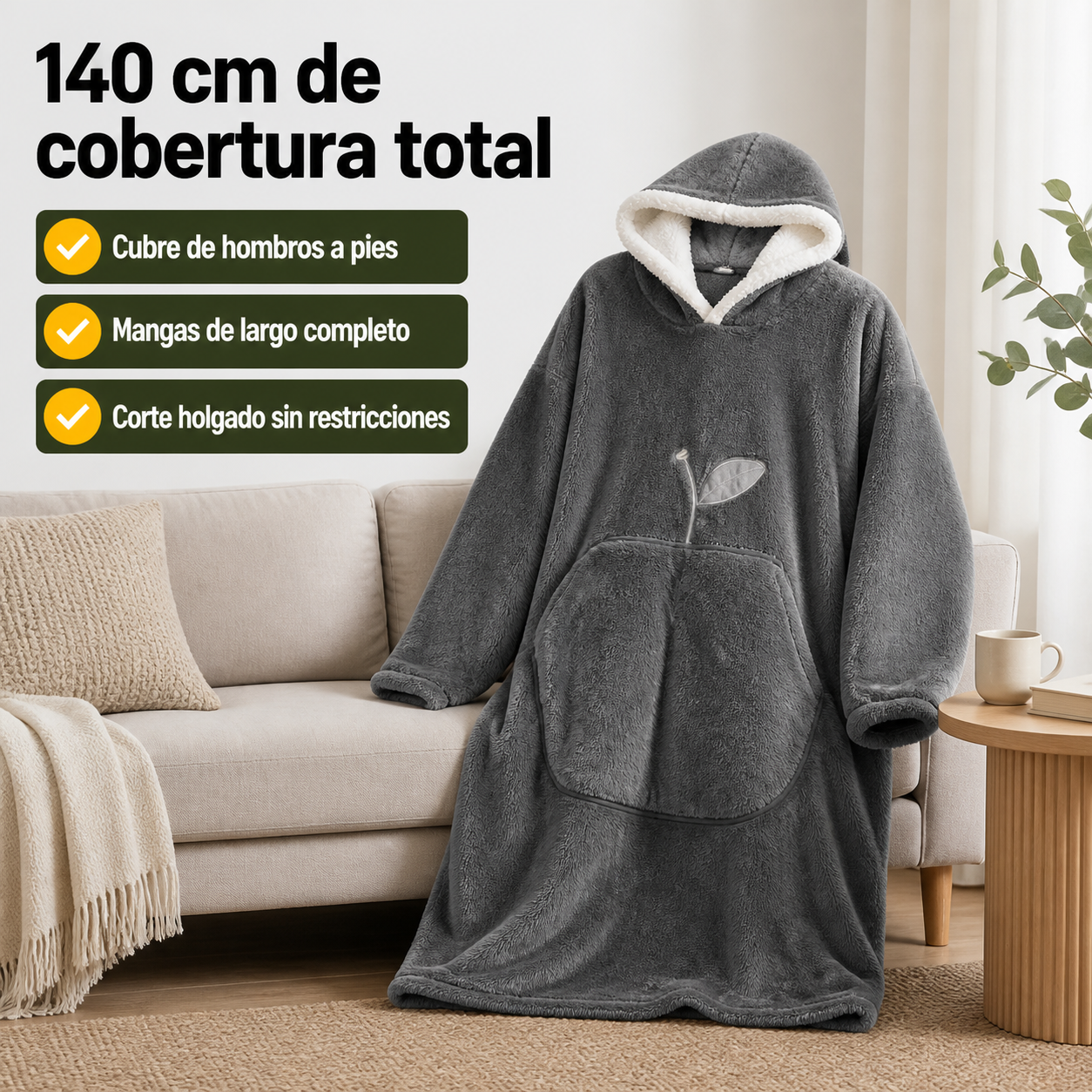 Manta sudadera de 140 cm mostrada junto a objetos cotidianos para apreciar su tamaño real