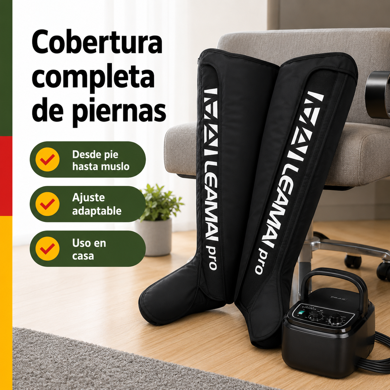 Botas de masaje de compresión de aire mostrando el tamaño completo para piernas y pies