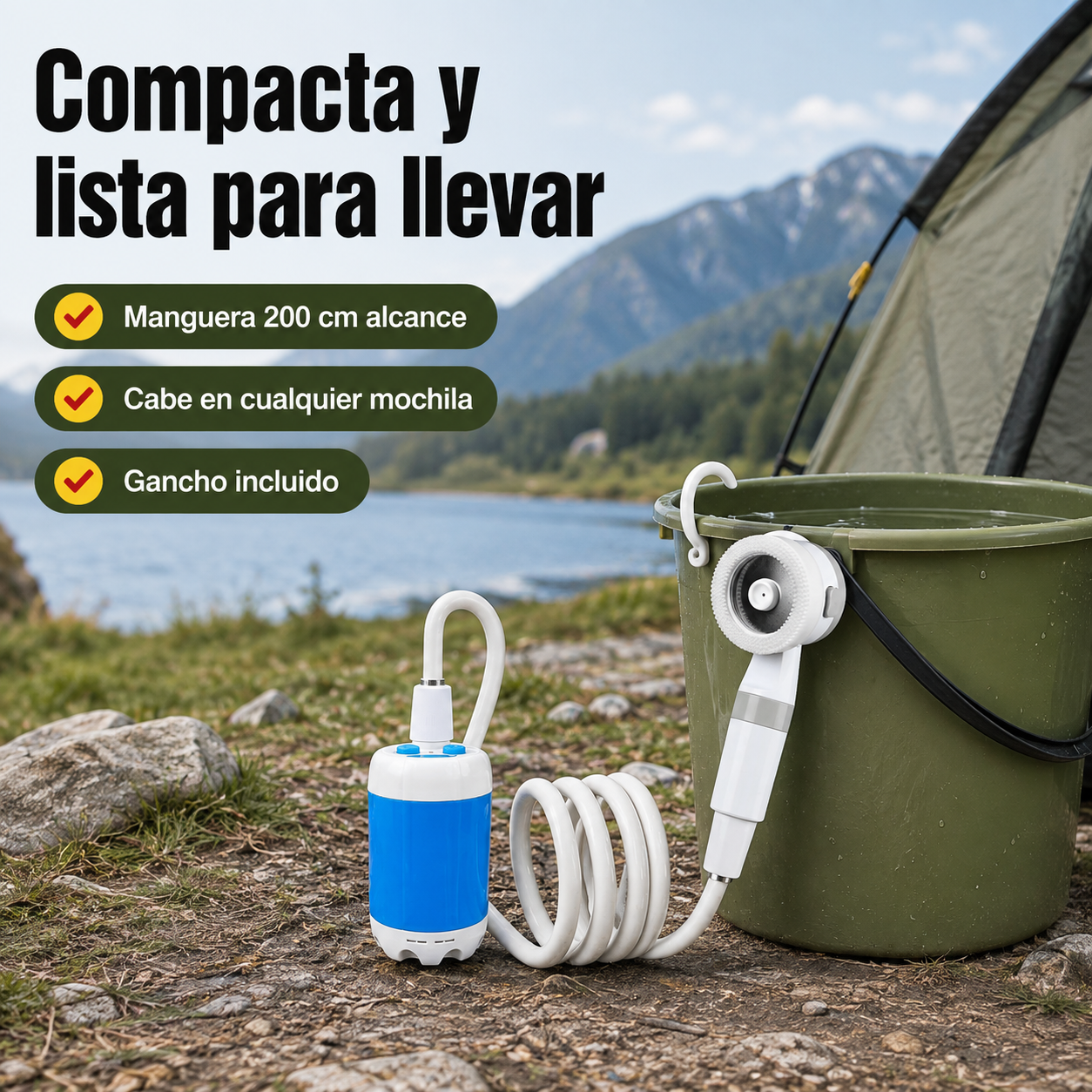 Bomba de ducha portátil eléctrica junto a cubo de camping mostrando dimensiones reales de uso