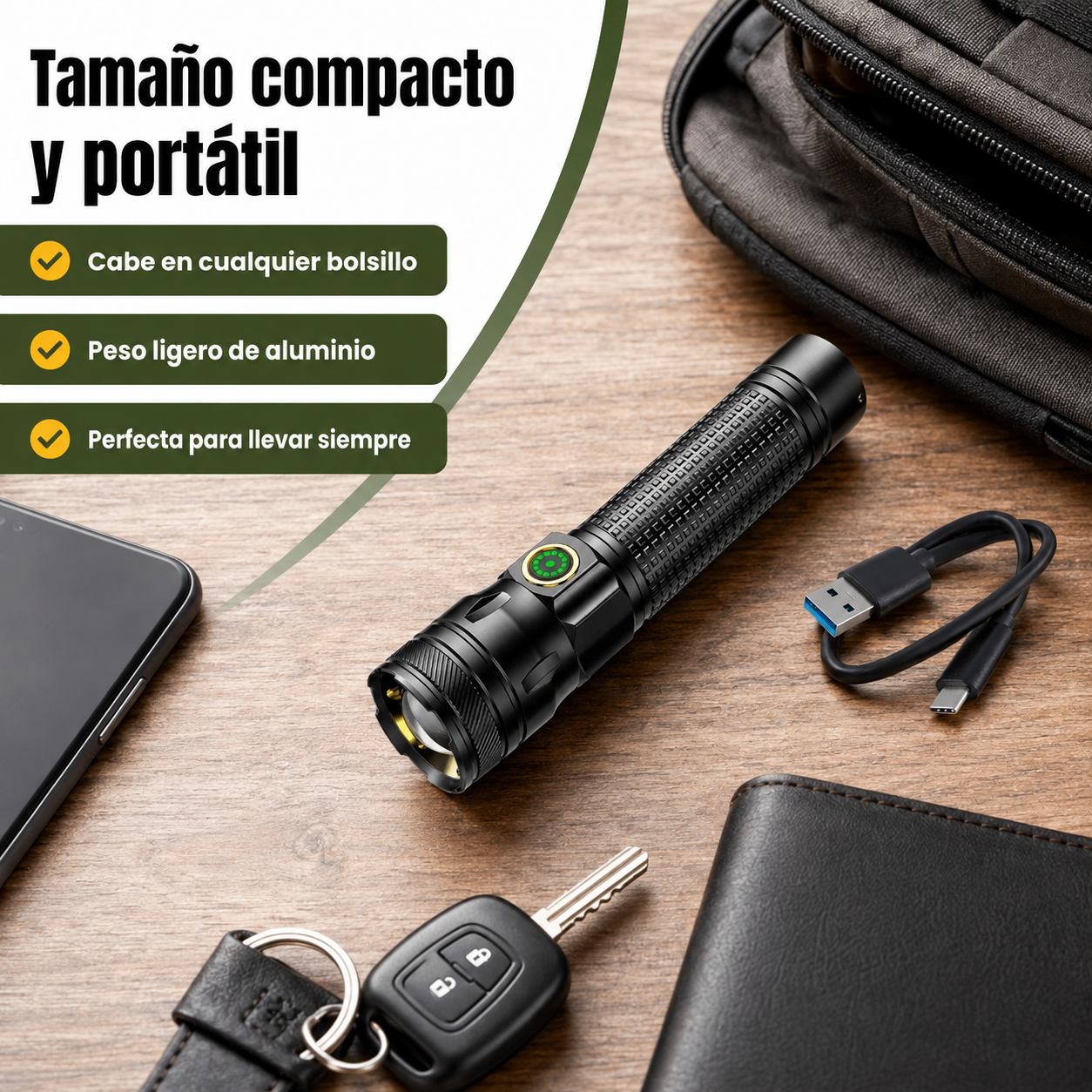 Linterna LED recargable de aluminio mostrada en contexto de uso con objetos cotidianos para referencia de tamaño