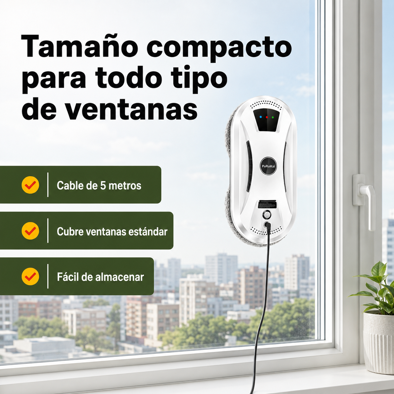 Robot limpiacristales en uso sobre ventana mostrando su tamaño real en contexto doméstico