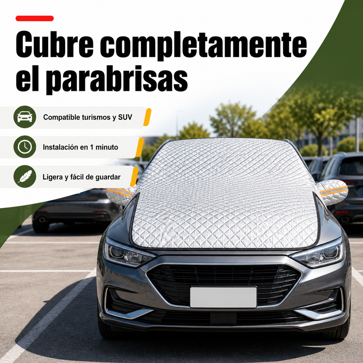 Cubierta parabrisas coche colocada en vehículo aparcado junto a otros coches para mostrar tamaño real