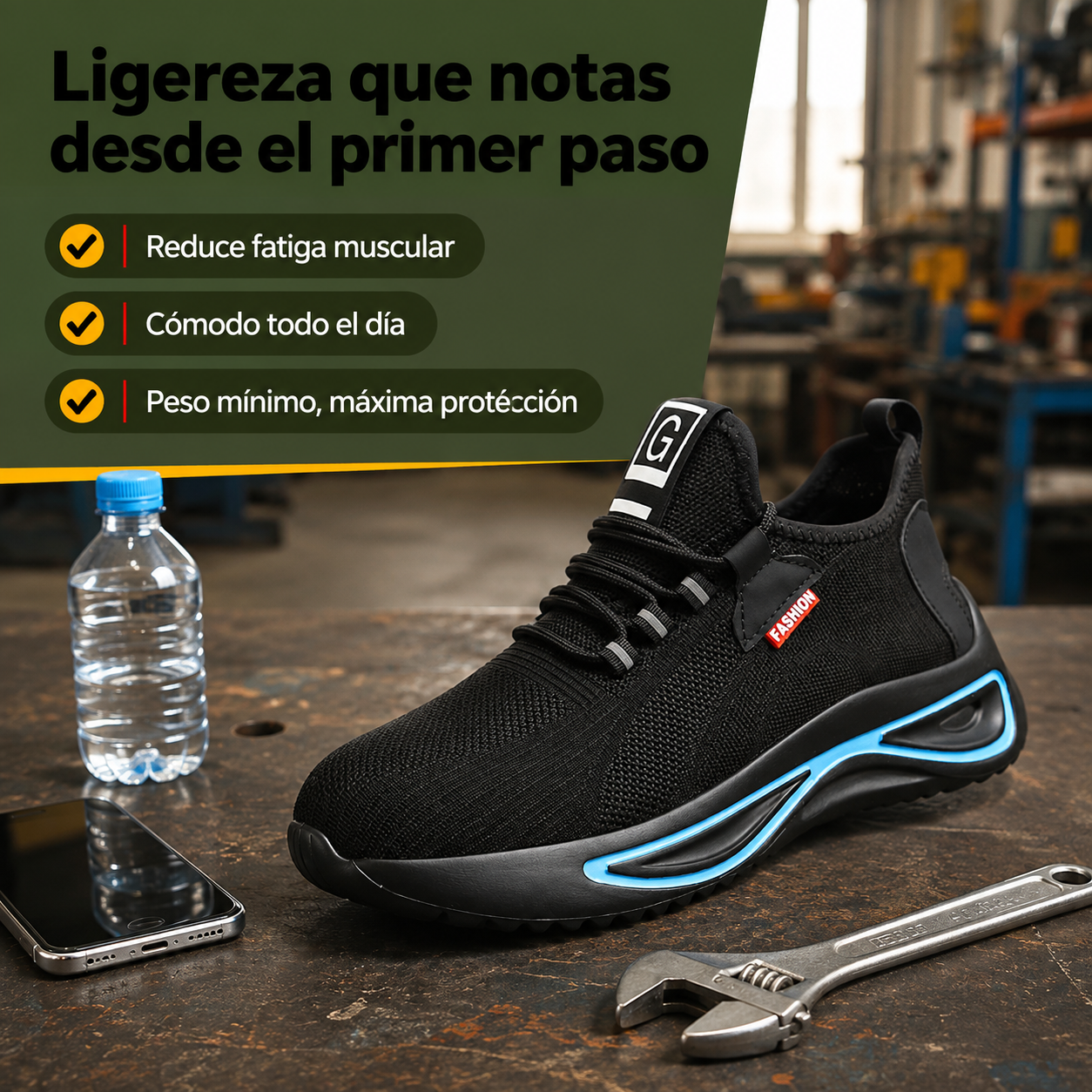 Zapato de seguridad mostrado junto a objetos cotidianos para ilustrar su tamaño y proporciones reales