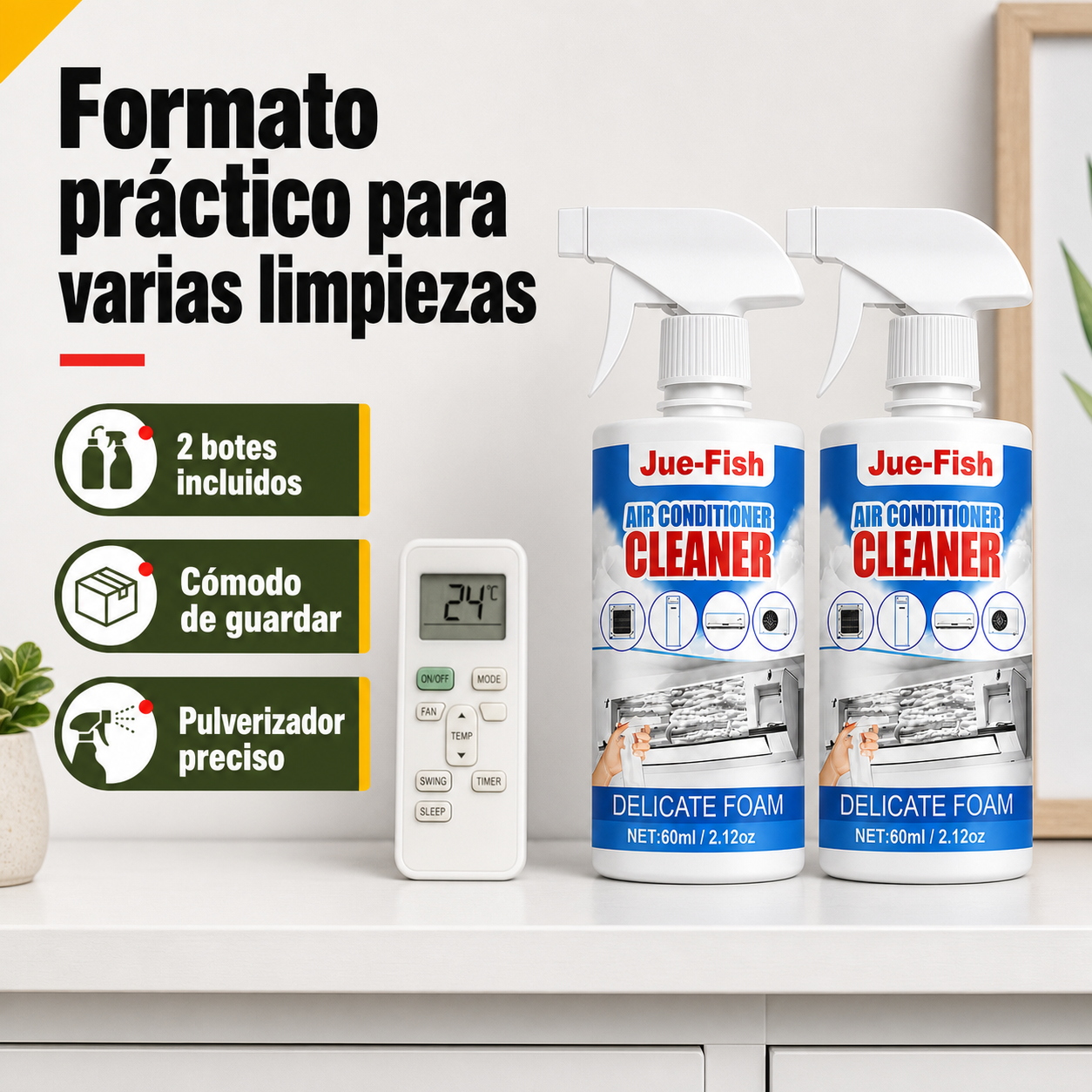 Bote de limpiador de aire acondicionado junto a un mando a distancia de split para mostrar el tamaño del envase