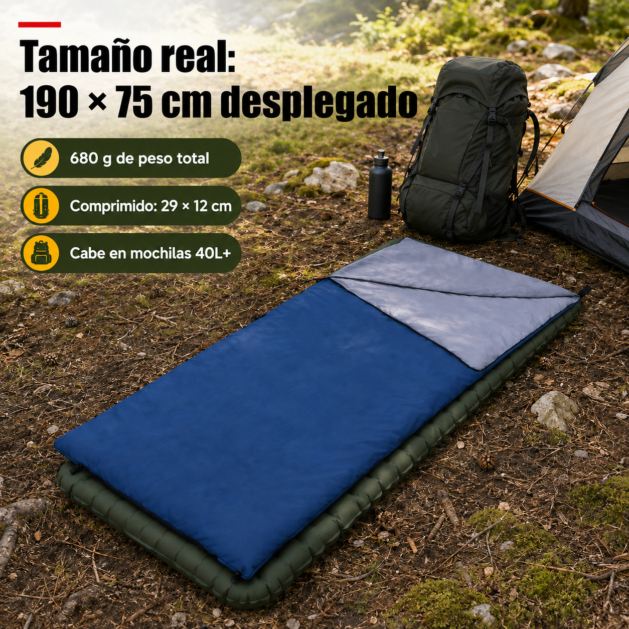 Saco de dormir de 190 × 75 cm junto a objetos cotidianos mostrando su tamaño real