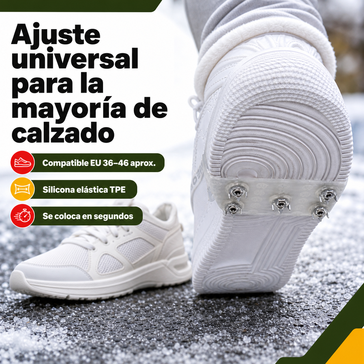 Crampón colocado sobre una bota en superficie helada mostrando el ajuste y las puntas en contacto con el hielo