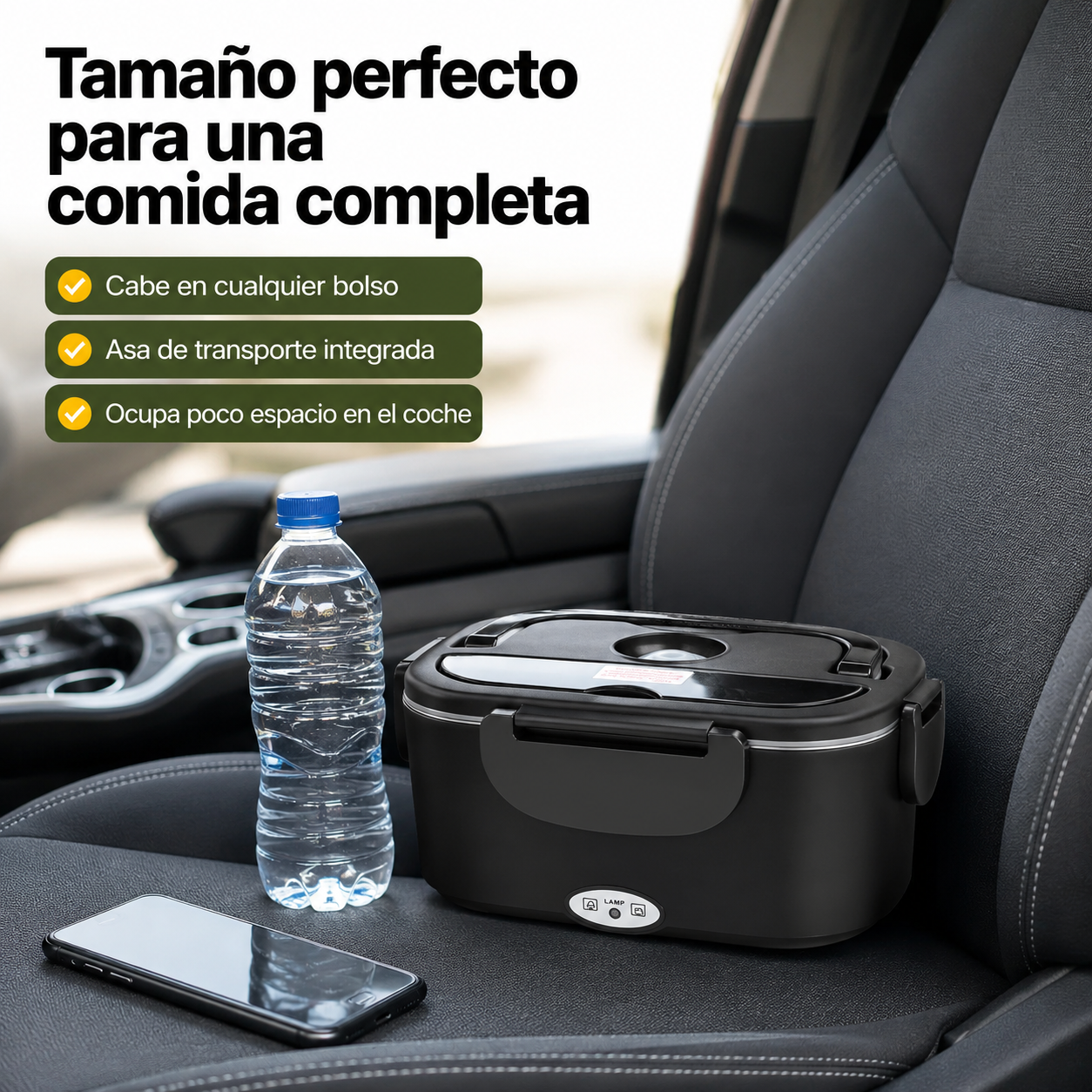 Fiambrera eléctrica portátil mostrando su tamaño compacto junto a objetos cotidianos sobre superficie de trabajo
