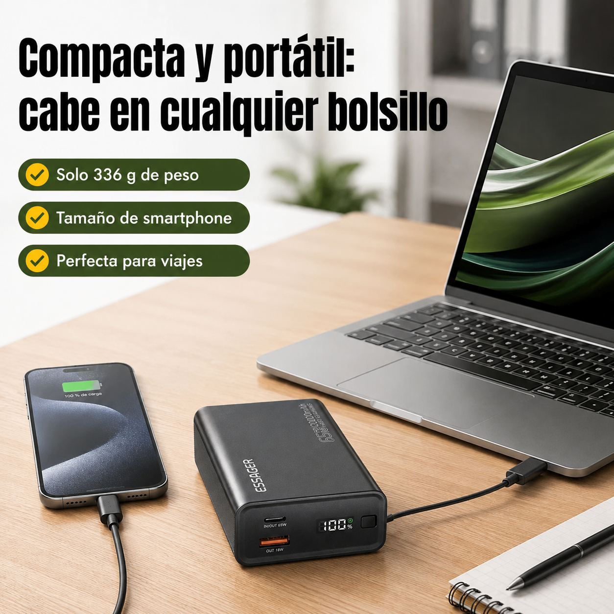 Batería externa de 20000mAh junto a smartphone y portátil mostrando su tamaño compacto de 99.70 × 63.20 × 31.70 mm