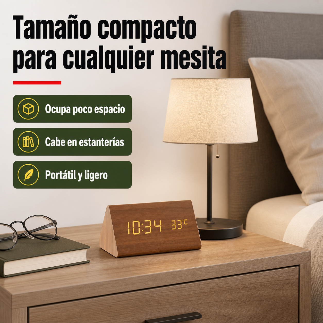 Reloj despertador de madera de 8×15×9 cm junto a objetos cotidianos mostrando su tamaño compacto para mesita de noche