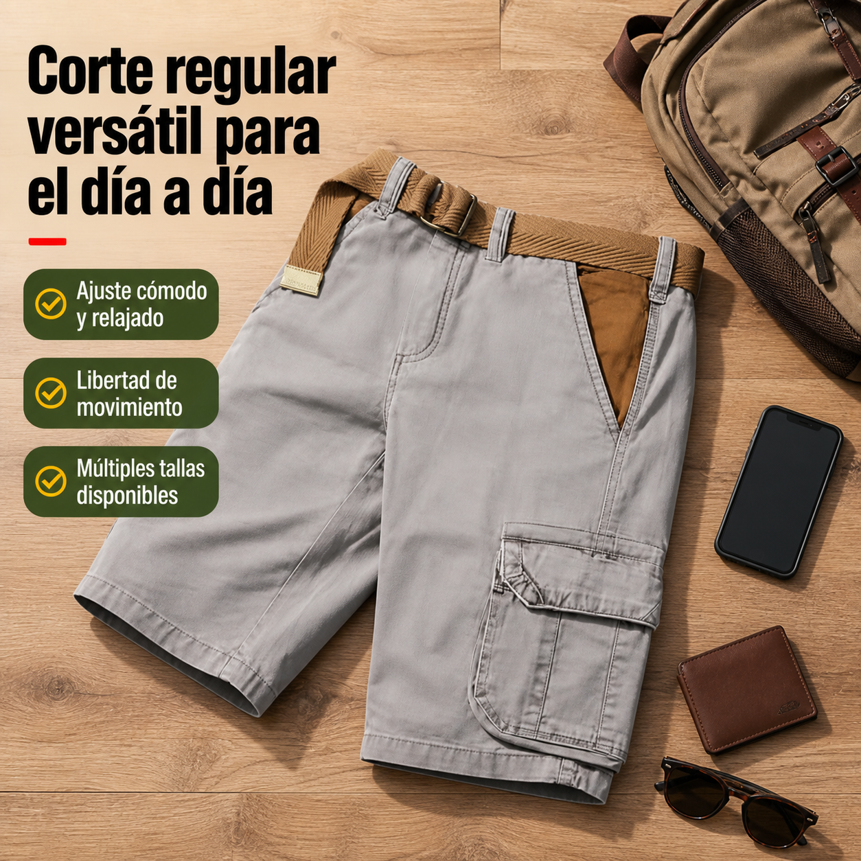 Pantalón corto cargo MAVERICK mostrado en contexto de uso diario junto a objetos cotidianos para referencia de tamaño