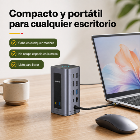 Hub USB-C 12 en 1 junto a portátil mostrando sus dimensiones compactas y diseño de sobremesa