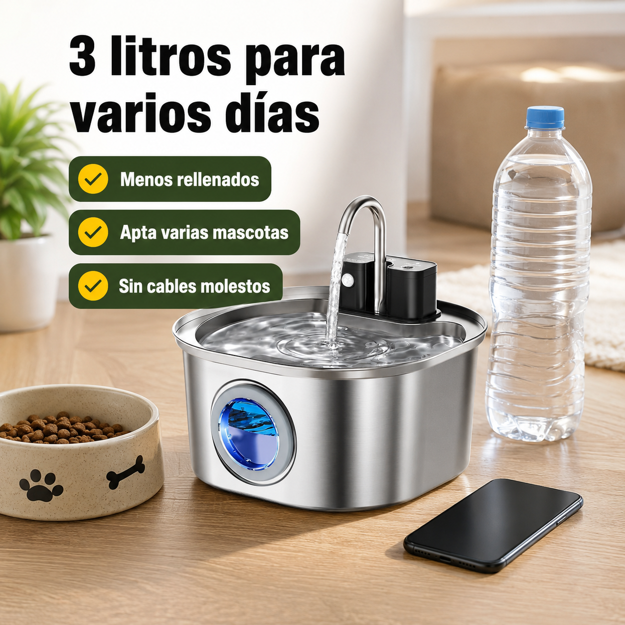 Fuente de agua para mascotas de 3 litros mostrada junto a objetos cotidianos para referencia de tamaño
