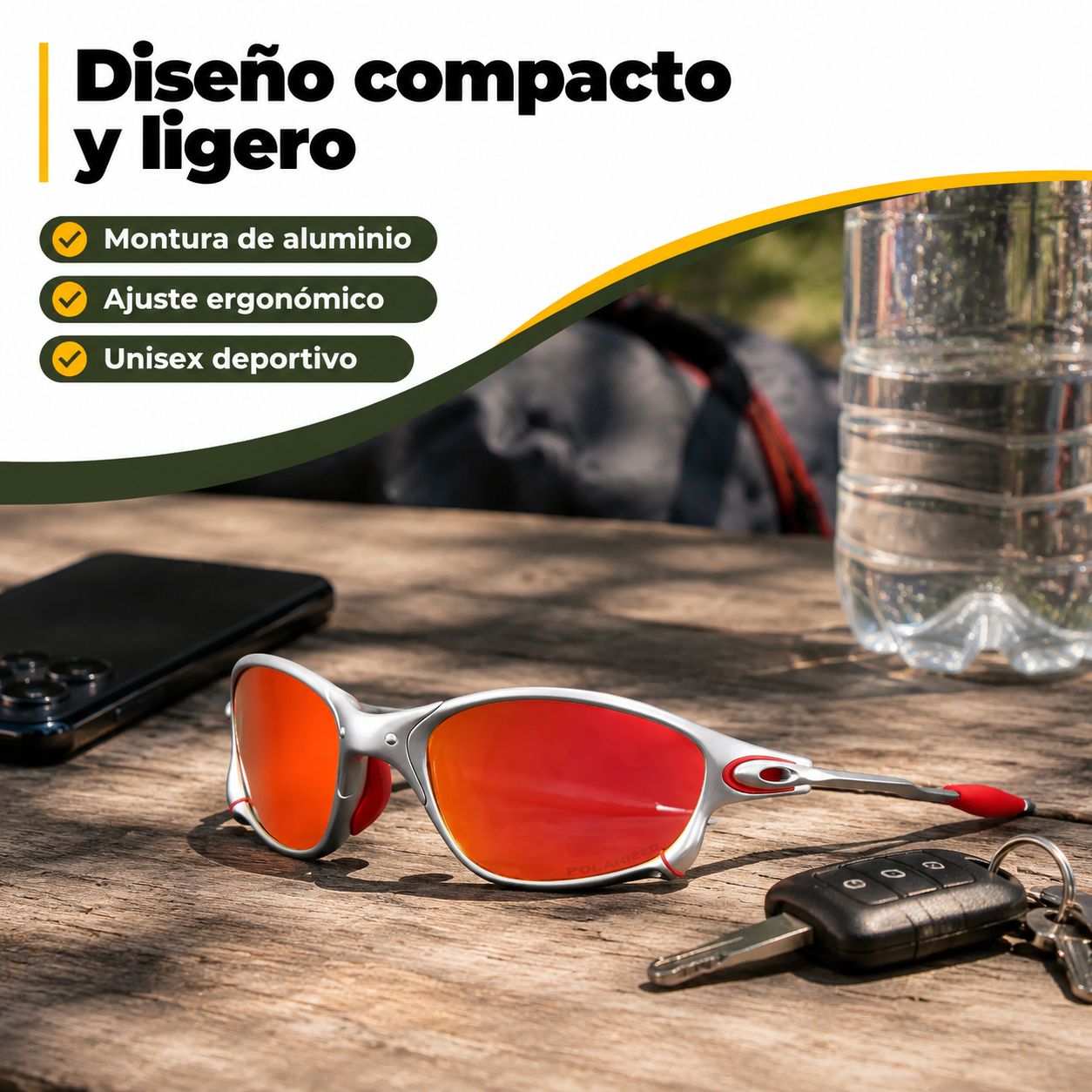Gafas de sol deportivas polarizadas mostradas junto a objetos cotidianos para apreciar su tamaño compacto y diseño ergonómico