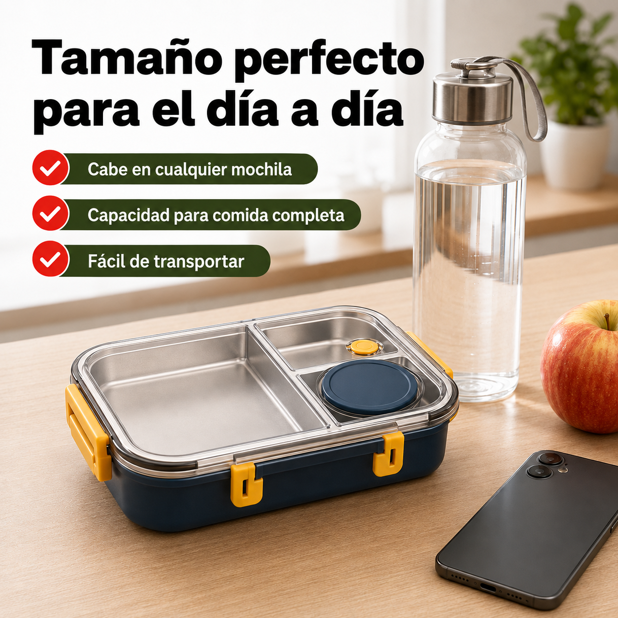 Fiambrera térmica de 22,5 × 16,5 × 7 cm mostrada junto a objetos cotidianos para referencia de tamaño