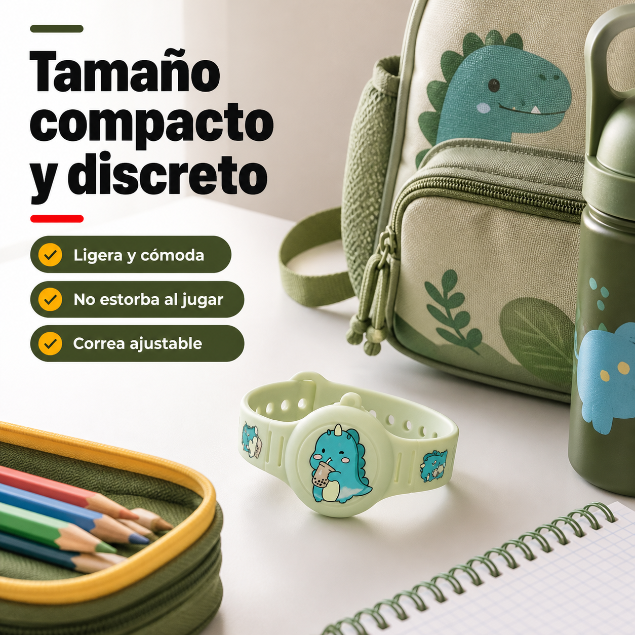 Pulsera GPS para niños mostrada junto a objetos cotidianos para apreciar su tamaño compacto