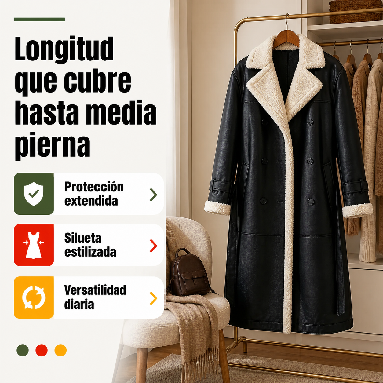 Abrigo largo con forro polar mostrado en contexto de uso diario junto a accesorios de temporada