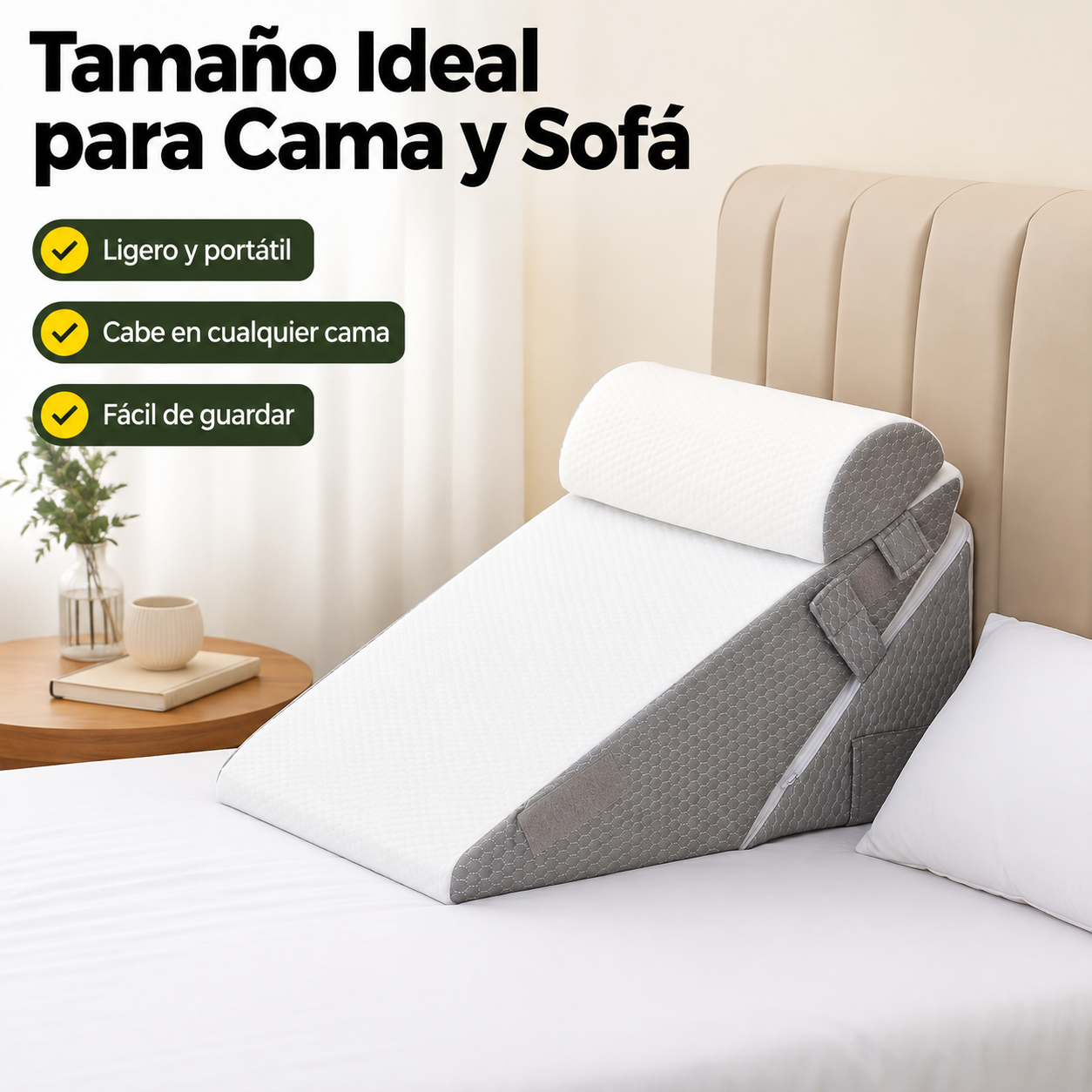 Cojín cuña ajustable colocado en cama junto a almohada estándar mostrando su tamaño y ángulo de elevación en contexto real