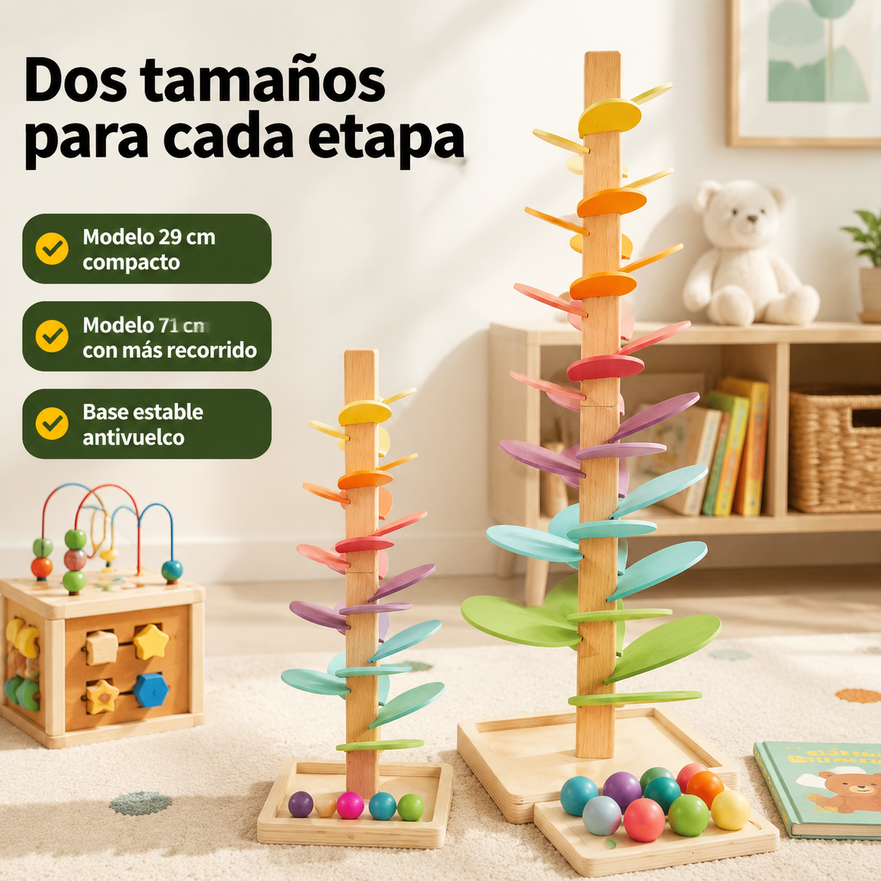 Torre de bolas de madera mostrando su altura real junto a objetos cotidianos en contexto de juego infantil