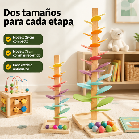 Torre de bolas de madera mostrando su altura real junto a objetos cotidianos en contexto de juego infantil